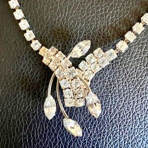 Stunning Icy Rhinestone Choker Necklace with Pendant Spray of Navette Stones